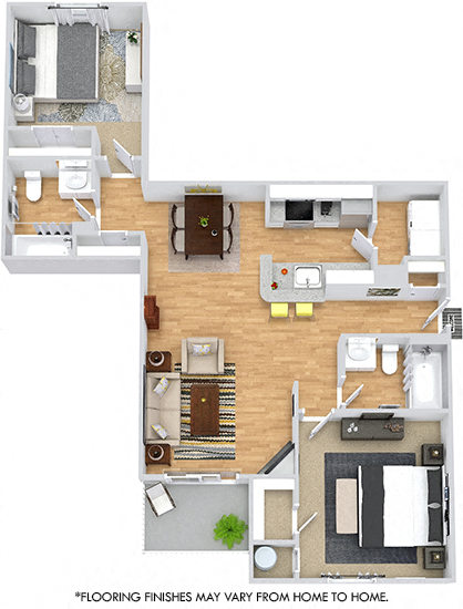 Floor plan for 2 beds, 2 baths, 990 sqft